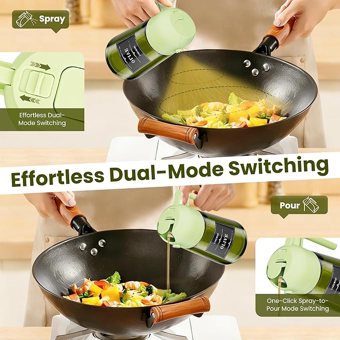 LAKUMIQI 2 in 1 Oil Sprayer for Cooking, 16oz Olive Oil Dispenser Bottle for Kitchen, Food Grade Light-Blocking Leak Proof Glass Spray Bottle for Salad, Air Fryer, BBQ