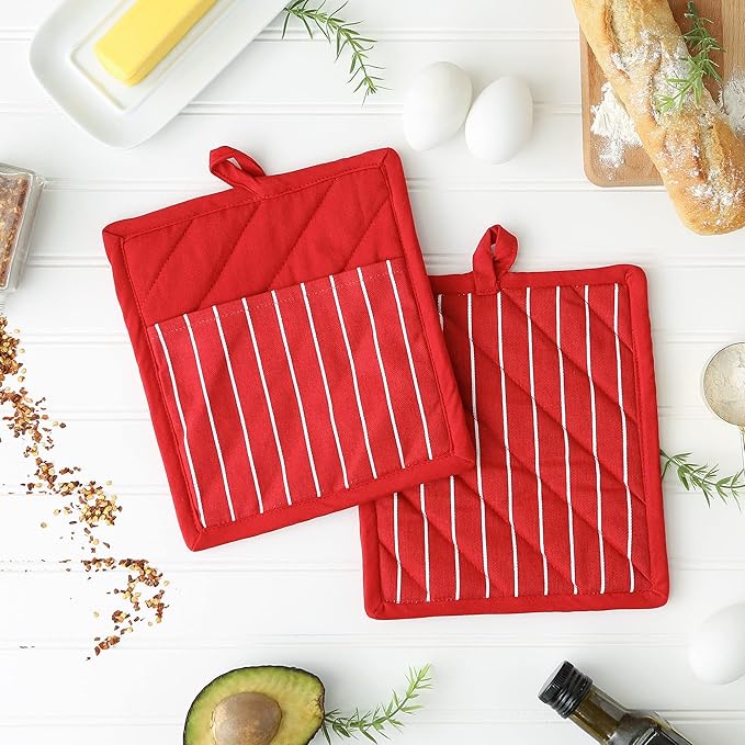 Professional and Commercial Grade, Chef Stripe Kitchen, Potholders, Tango Red
