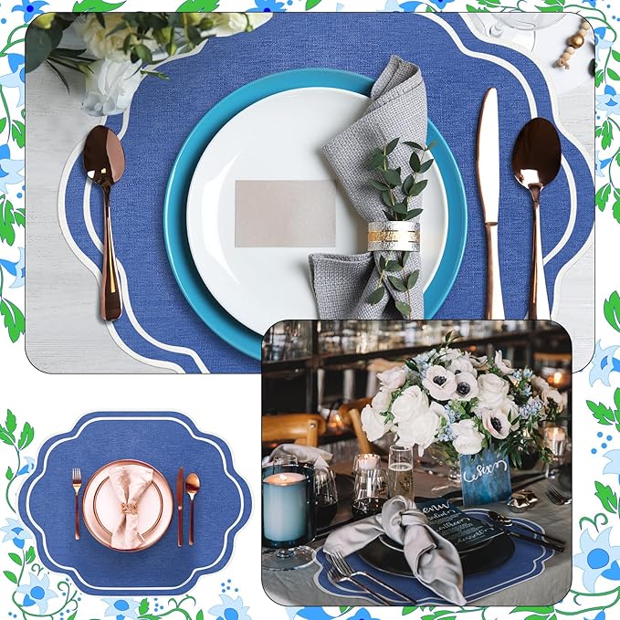 Breling 6 Pcs Wedding Placemats Scalloped Embroidered Cotton Linen Placemats 17" x 13" Double Layered Machine Washable Table Place Mat for Party Table Decor (Navy Blue)