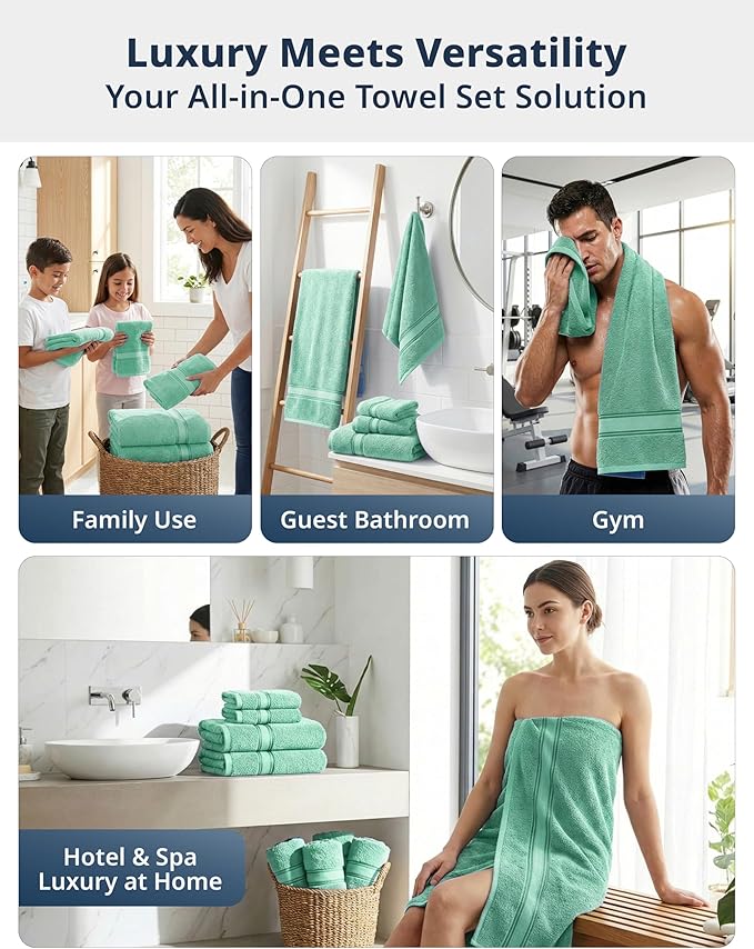 LANE LINEN Luxury Bath Towel Set of 12 – 100% Mercerized Cotton Towels, 4 Bath, 4 Hand Towel & 4 Washcloths, Zero Twist, Remains Soft & Absorbent Even After Multiple Washes - Aqua Sky