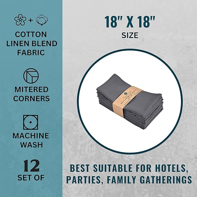 FINGERCRAFT Dinner Cloth Napkin Cotton Linen Blend 12 Pack Natural Premium Quality Mitred Corner for Every Day Use Pre Shrunk and Good Absorbency 18x18 in Easter Color Charcoal