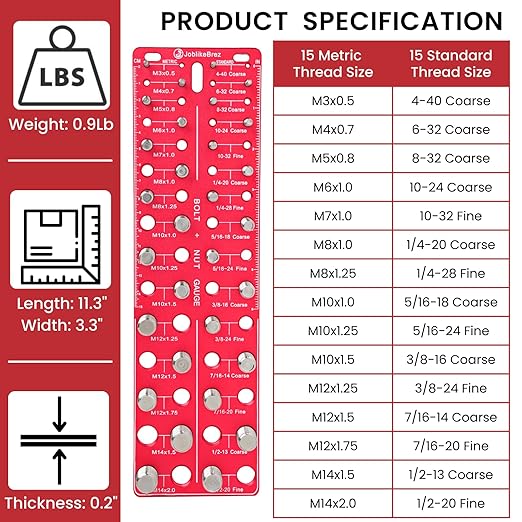 Thread Checker, Rustproof Nut and Bolt Thread Checker, Wall-Mountable Bolt Size Finder Tool, 15 SAE & 15 Metric Thread Gauge, Bolt and Nut Sizer for Quick Measurement