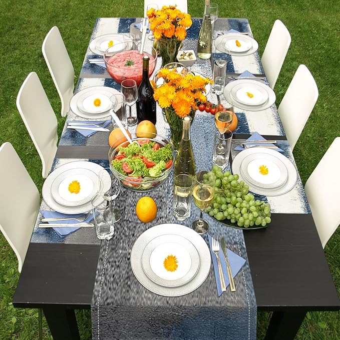 ArtSocket Farmhouse Table Runner and Placemats Set of 6, Abstract Blue Grey Painting Art Dining Decor for Daily Use(1 Table Runner 72 inches Long and 6 Placemats)