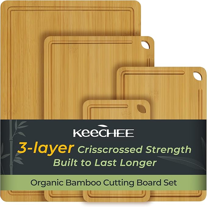 Keechee 4-Pcs Natural Wood Cutting Board Set Kitchen Tools with Juice Groove, Wooden Chopping Board for Meat, Fruit, Vegetables & Cheese (Pre Oiled, Natural)