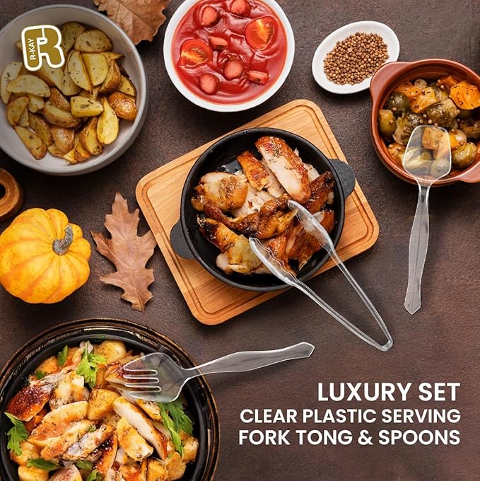 18 Pcs Clear Plastic Serving Utensils Set - 6 Clear Plastic Serving Spoons, 6 Tongs And 6 Forks - Heavy Duty Disposable Serving Utensils Set For Parties