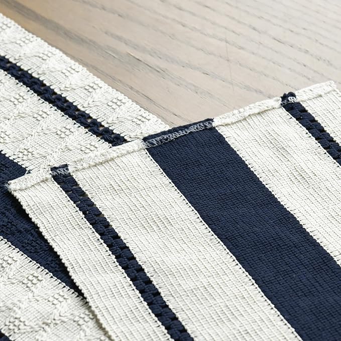 Artoid Mode Dark Blue Farmhouse Woven Rustic Table Runner, Seasonal Holiday Hollow Kitchen Dining Table Decoration for Home Party Decor 12x72 Inch