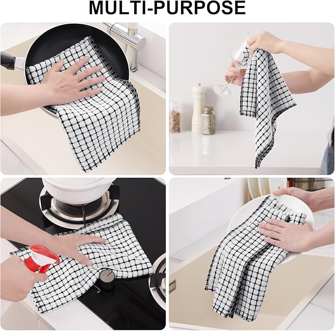 Kitinjoy Cotton 12 Pack Terry Kitchen Towels, 16 x 25 Inches Super Soft and Absorbent Dish Towels, Quick Drying Hand Towels for Kitchen Drying, Black