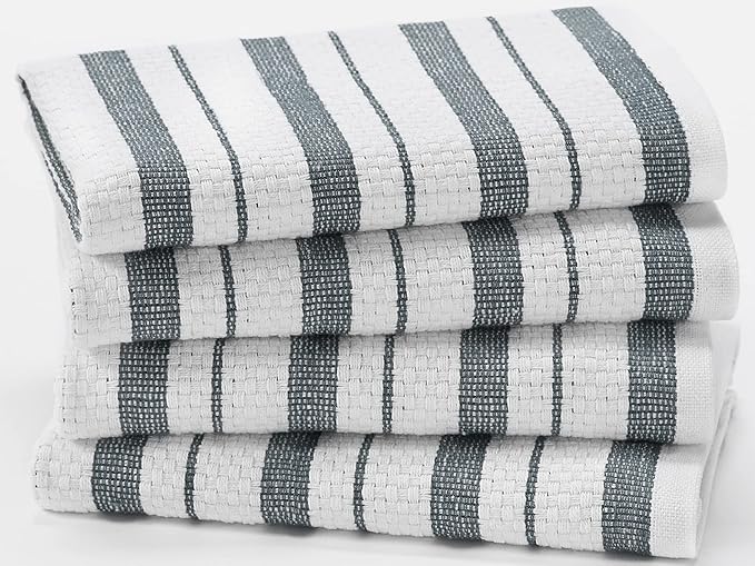 COTTON CRAFT - 4 Pack - Basket Weave Kitchen Towels - Grey - Cotton - Oversized 20x30 - Modern Clean Striped Pattern - Convenient Hanging Loop