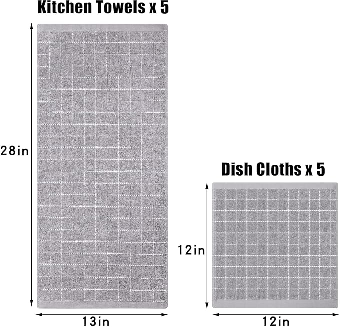 Homaxy Kitchen Towels and Dishcloths Set, 12 x 12 and 13 x 28 Inches, Set of 10 Bulk Cotton Terry Kitchen Towels Set, Checkered Designed, Soft and Super Absorbent Dish Towels, Light Grey
