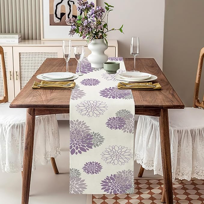 Purple Dahlia Table Runner Modern Elegant Flower Beige Table Runners Geometric Pompon Farmhouse Coffee Table Center Decor for Home Kitchen Dining Party Indoor Outdoor (13x72 Inch)