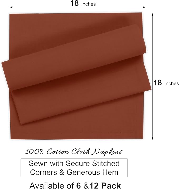 Ruvanti Cloth Napkins Set of 12, 100% Cotton High GSM 18x18 Inches Soft, Washable, Highly Durable & Absorbent, Perfect for Parties, Christmas, Thanksgiving Dinners – Rust