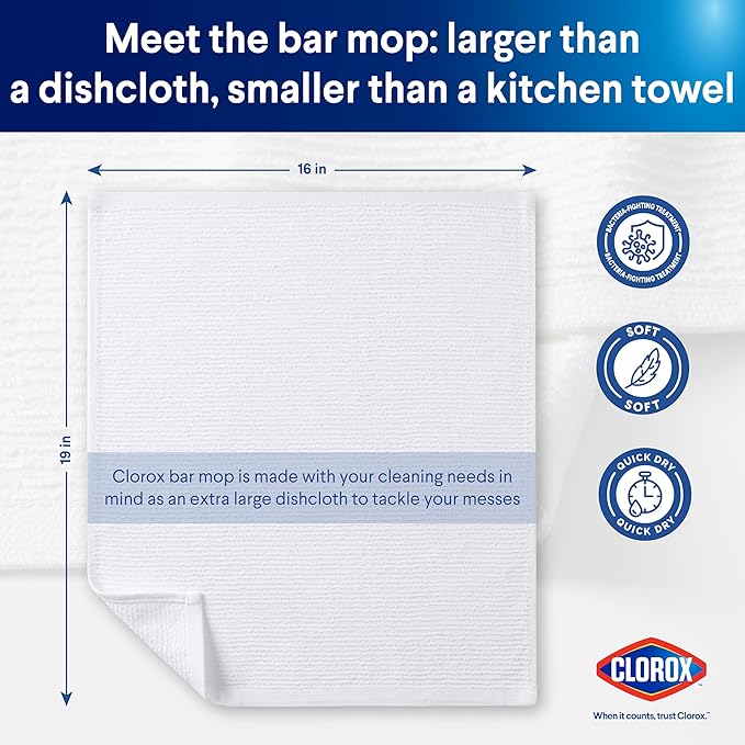 CLOROX Ribbed Bar Mops - 100% Cotton Quick Dry Extra Large Dishcloths - Absorbent Multipurpose Cleaning Cloths for Restaurants, Kitchen, Bathroom, Hotel - 16" x 19" - White 3 Pack