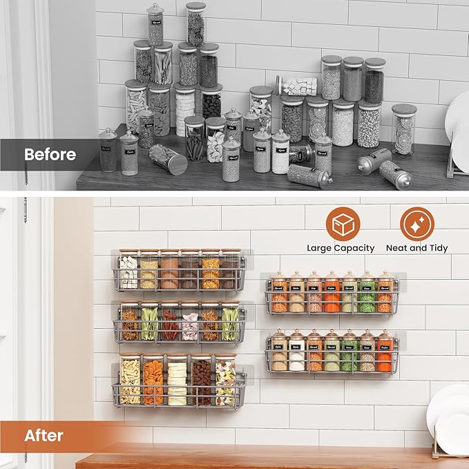 Mystozer 5 Pack Spice Rack Seasoning Organizer Wall Mount, Spice Storage Spice Rack Organizer Pantry Door Organizer Screw or Adhesive Hanging Shelf Basket Spice Organizer Shelf for Kitchen (Gray)