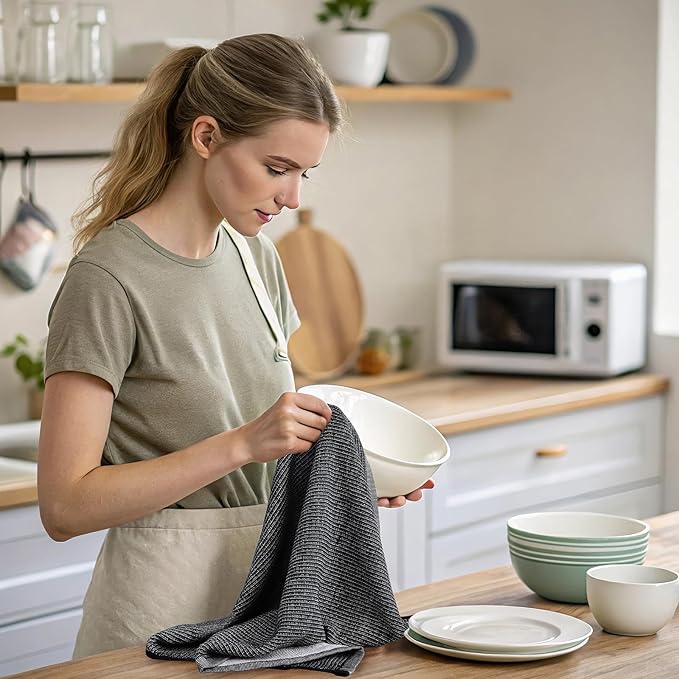 Mordimy Premium Kitchen Towels 8 Pack (18 x 28 Inches, Black), Large Cotton Kitchen Hand Towel, Flat & Terry Dish Towels for Drying Dishes, Super Absorbent Tea Dishtowels Set with Hanging Loop