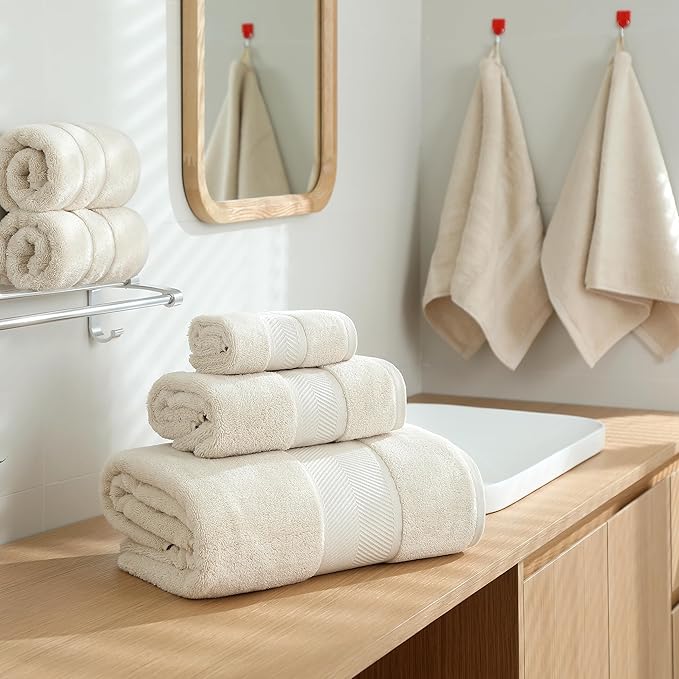 Simple&Opulence Premium 100% Cotton Towel Set - 6 Piece Soft Absorbent Set for Bathroom, Hotel and Spa - 2 Bath Towels 28"x55", 2 Hand Towels 16"x28" & 2 Washcloths 12"x12" (Ivory)