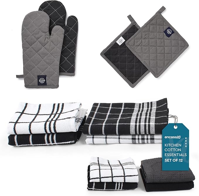 Encasa XO Kitchen and Dish Towels - Oven Mitts - Pot Holder Set of 12 Pc - Pure Cotton - Dishcloths Grey Combo