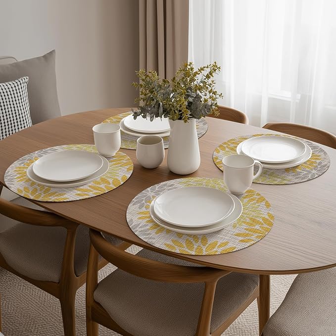 Artoid Mode Yellow Dahlia Plastic Round Placemats Set of 4, 14 Inch Seasonal Wipeable Woven Vinyl Table Mats for Farmhouse Party Kitchen Dining Decor