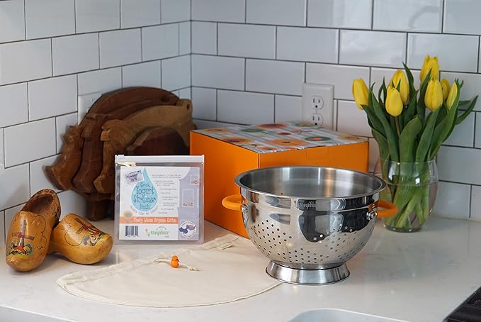 Greek Yogurt Strainer Set: Stainless Steel Colander & Bowl with Organic Cotton Strainer Pouch | Premium Greek Yogurt Maker, Large 5-Quart Size