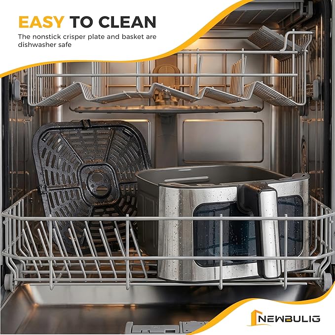 NEWBULIG Air Fryer 6.34QT, Airfryer with Visible Window, 400℉ Fast Heating Air Fryers Oven with Nonstick and Dishwasher-Safe Basket, 8-in-1 Cooking Preset, Timer，Auto-Off, Stainless Steel, Grey
