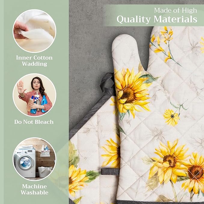 Maison d' Hermine 100% Cotton Oven Mitt & Pot Holder Set (7.5"x13" & 8"x8") Heat Resistant BBQ Cooking Gloves with Loop Baking Grilling Kitchen Gifts for Mothers Day Spring/Summer (Candice)