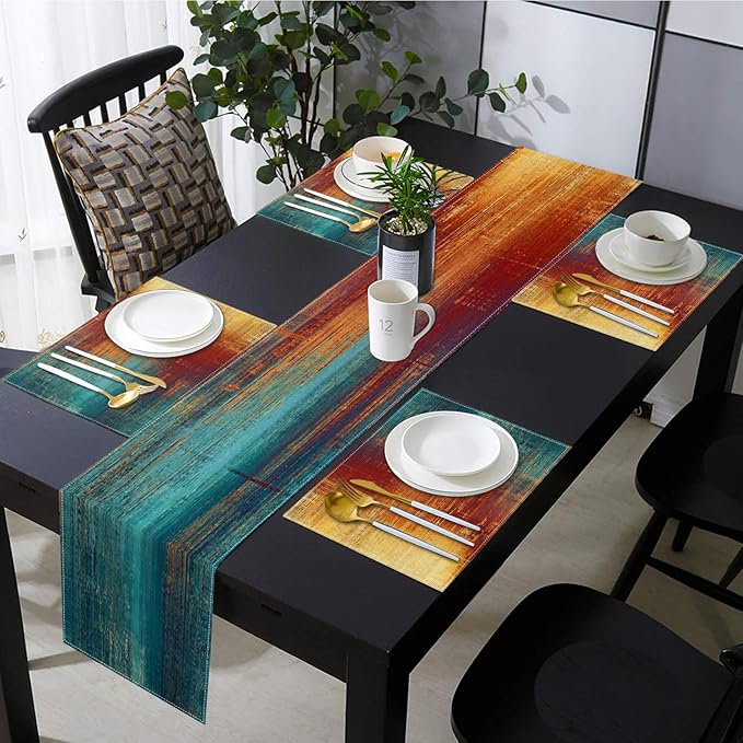 Emvency Blue Orange Table Runner and Placemats Set of 6, Vintage Abstract Messy Rust Painting Art Dining Decor for Daily Use(1 Table Runner 72 inches Long and 6 Placemats)