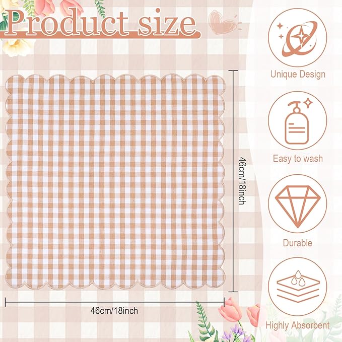 SmoothNovelty 12 Pack Buffalo Plaid Cloth Napkins 18x18 Inch Spring Checkered Cloth Napkins Scalloped Soft Cotton Table Mat Washable Reusable for Dinner Wedding Birthday Parties (Classic,Khaki)