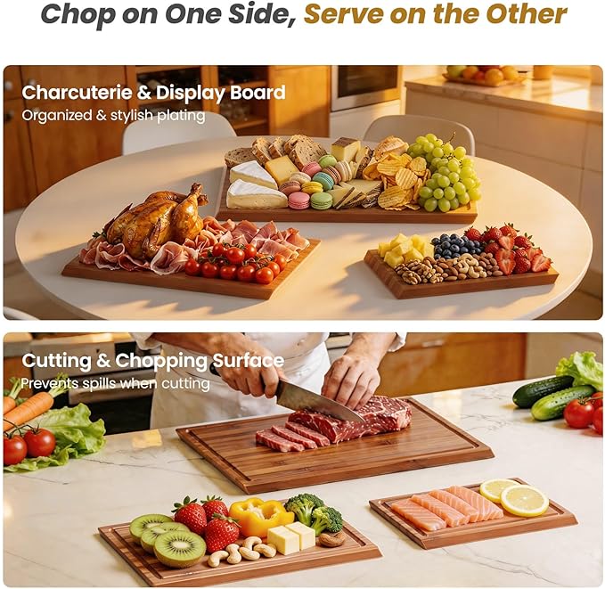 Bamboo Cutting Board Set of 3, Durable Wooden Chopping Boards with Distinctive Stand & Juice Grooves, Ideal for Meat, Vegetables, Fruit, Charcuterie Prep & Serving, Kitchen Essentials, Gifts for Mom