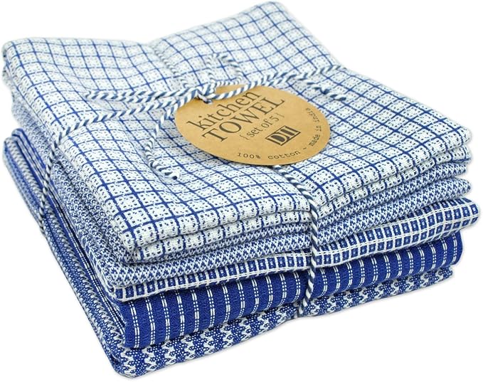 DII Ultra Absorbent, Everyday Cotton Kitchen Towels, Dishtowel Set, Assorted Blue, 5 Piece
