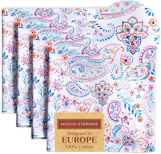 Maison d' Hermine Cloth Napkins Set of 4 100% Cotton Everyday Reusable Square Napkins Cloth Washable Dinner Party Wedding Restaurant Gifts for Mothers Day Spring/Summer (Indian Floral, 20" x 20")