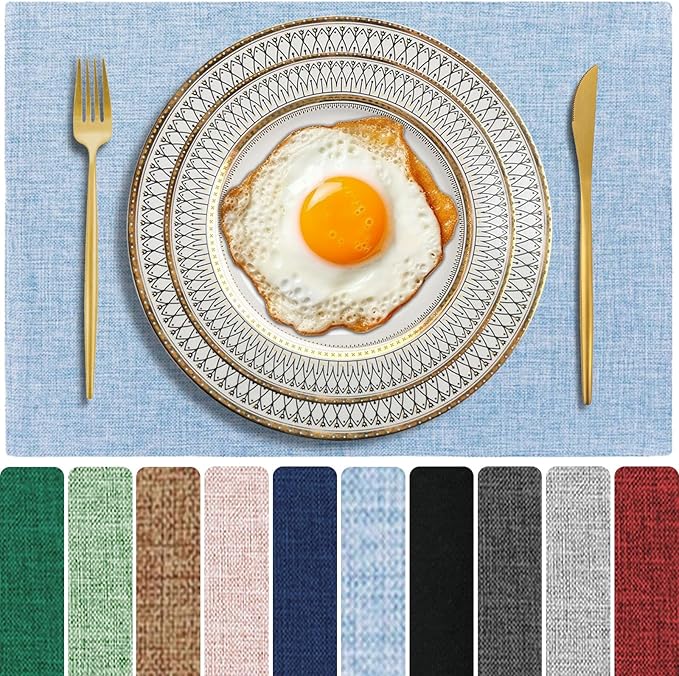 Light Blue Cloth Placemats Set of 4, 19 x 13 inch Cotton Linen Blend Machine Washable Double Layered Place Mats, Heat Resistant Rectangular Fabric Dining Table Mats, Indoors/Outdoors (Light Blue, 4)