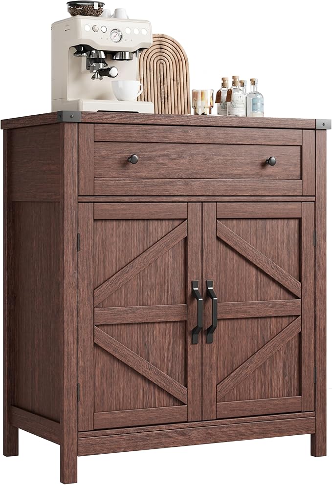 ChooChoo Kitchen Storage Cabinet, Coffee Bar Cabinet, Farmhouse Buffet Sideboard with Drawer for Kitchen, Living Room, Walnut