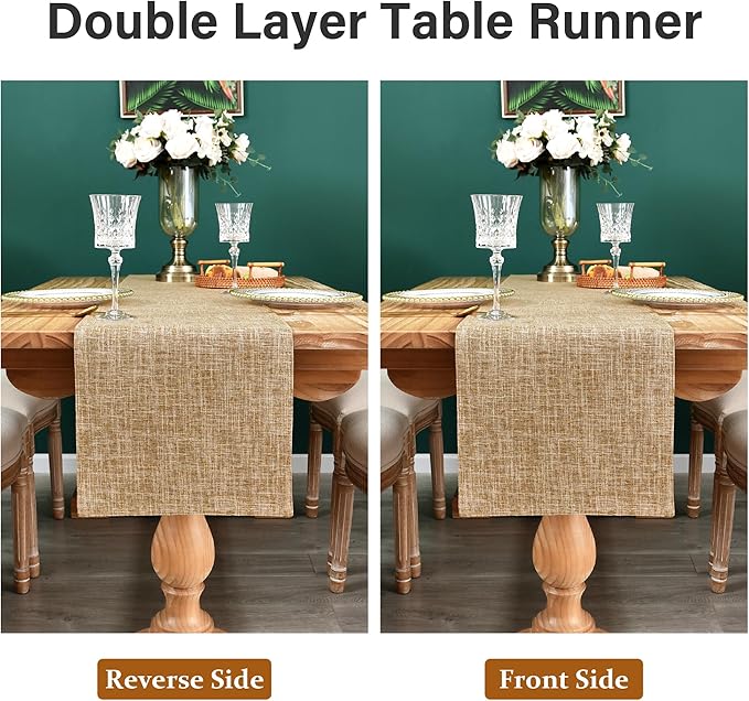 Farmhouse Rustic Faux Linen Table Runner Neutral Coffee Table Runners Double Layer Reversible Rectangle Runners for Daily Use Kitchen Dining Banquet Holiday 13x48 Inch