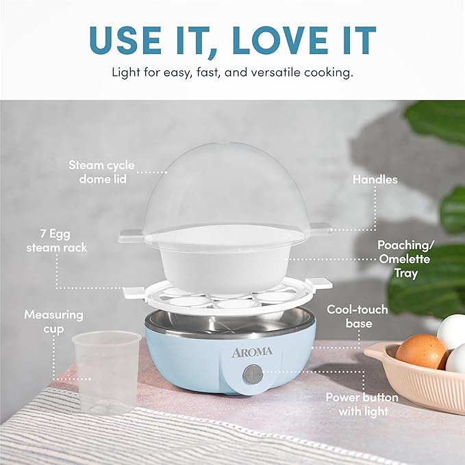 AROMA® Overly Easy Egg Cooker, Steamer, and Electric Egg Poacher | XL Capacity Egg Steamer Fits 7 Eggs