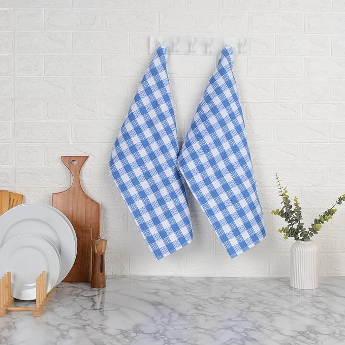 Blue Needles Set of 6 Waffle Weave Kitchen Towel, 15x25 Inches 100% Cotton Check Plaid Dish Towels for Kitchen, Soft & Absorbent for Quick Drying with Hanging Loop, Spring Summer - Sky Blue & White