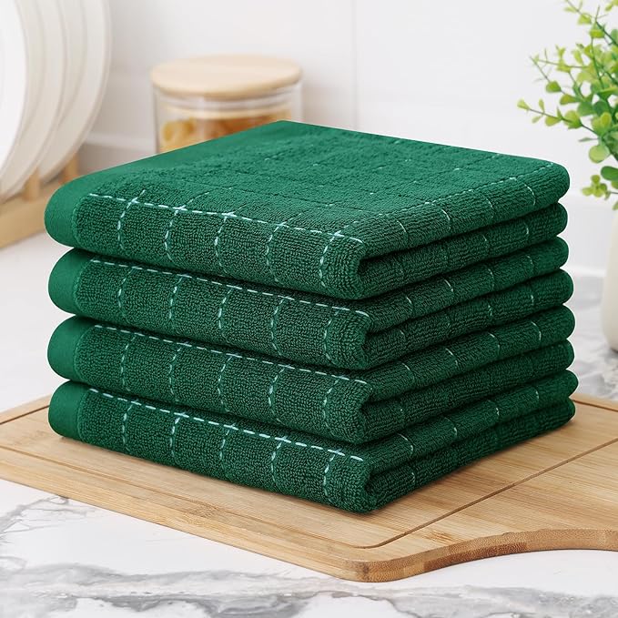 Homaxy 100% Cotton Terry Kitchen Towels(Dark Green, 13 x 28 inches), Checkered Designed, Soft and Super Absorbent Dish Towels, 5 Pack