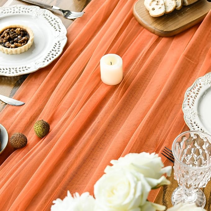 Artoid Mode 3PCS Orange Gauze Table Runner 120 Inch 10FT, Seasonal Sheer Kitchen Dining Holiday Wedding Birthday Baby Shower Table Decor for Home Party