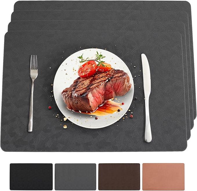 Vinyl Placemats Set of 4 Heat Resistant Easy Clean Non-Slip Place Mats for Dining Table Faux Leather Waterproof Stain Resistant Wipeable Washable PVC Table Mats(4, Gray)