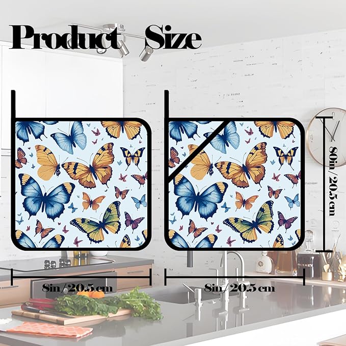 Colorful Cartoon Butterfly Pot Holders 2 PCS,Kitchen Heat Resistant Hot Pads for Cooking Grilling Baking BBQ, Pot Holders for Women Cook Home Microwave