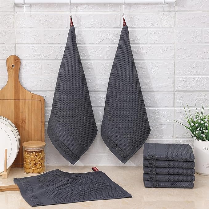 Homaxy 100% Cotton Dish Cloths, 8 Pack - 12 x 12 Inches, Waffle Weave Super Soft and Absorbent Dish Towels Quick Drying Dishcloths, Dark Grey
