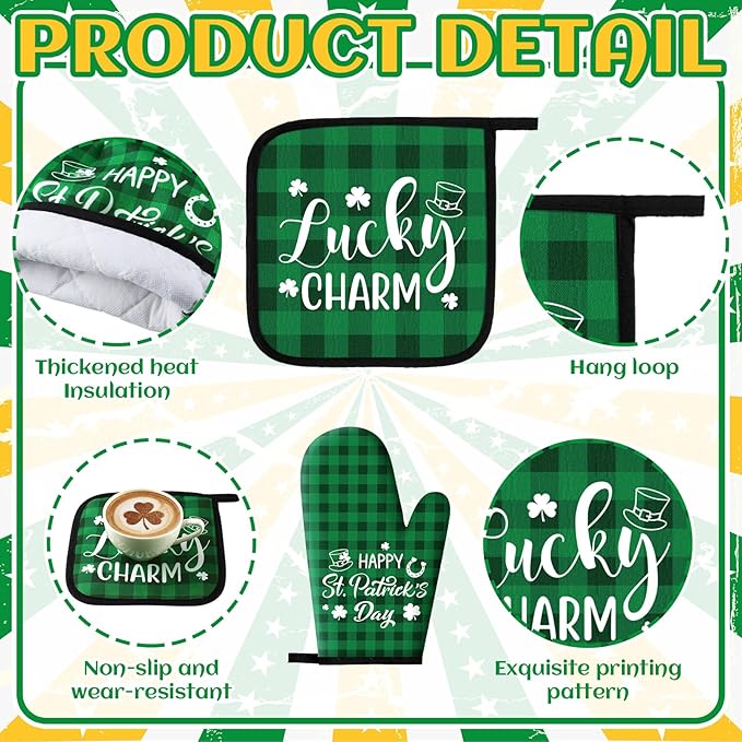 VitalCozy 10 Pcs St. Patrick's Day Kitchen Decor Set Shamrock Kitchen Towel and Rugs Oven Mitts Pot Holders for Home Cooking Baking Decorations