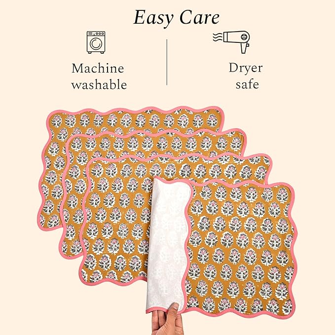 CPC Cotton Placemats Citrine Yellow Set of 4-Hand Block Printed Reversible Placemats, Flower Scalloped & Embroidered Cloth Table Mats - 14 x 20 inch Gift for Spring, Mother's Day