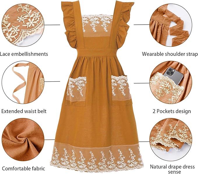 Aoomzoon Vintage Aprons for Women with Pockets Cute Lace Ruffle Adjustable Apron for Cooking Kitchen Baking Gardening