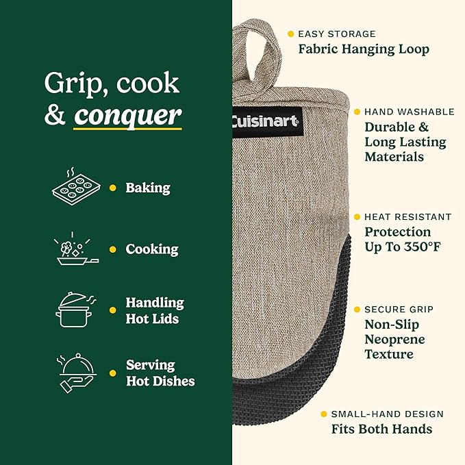 Cuisinart Mini Oven Mitts – 5.5” x 7” Heat-Resistant Kitchen Mitts for Oven with Non-Slip Neoprene Palm, Cotton Filling, and Fabric Loop – Durable Oven Mitt Set for Cooking & Baking (Chambray)