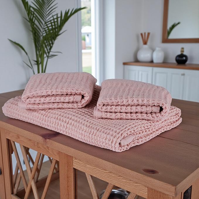 DEMMEX Organic Cotton Waffle Weave Turkish Bath Towel - Ultra Soft Lightweight Quick Dry, Oeko-Tex Certified, 100% Turkish Cotton (Powder Pink, Large (60x30))