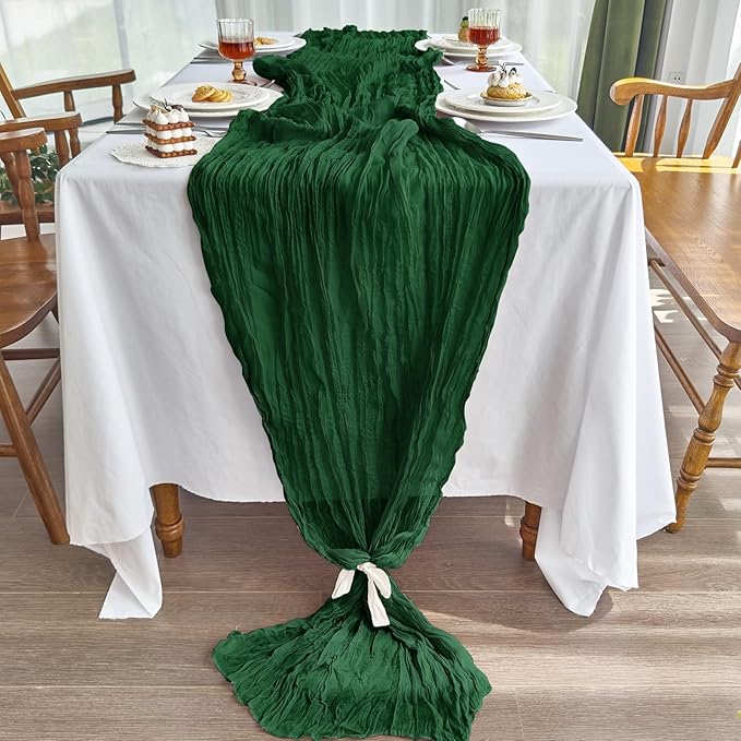 IVAPUPU 2 Pcs Cheesecloth Table Runner - 10ft Emerald Green Spring Boho Gauze Cheese Cloth Table Runners for Baby Shower Decorations Wedding Party Garden Decor