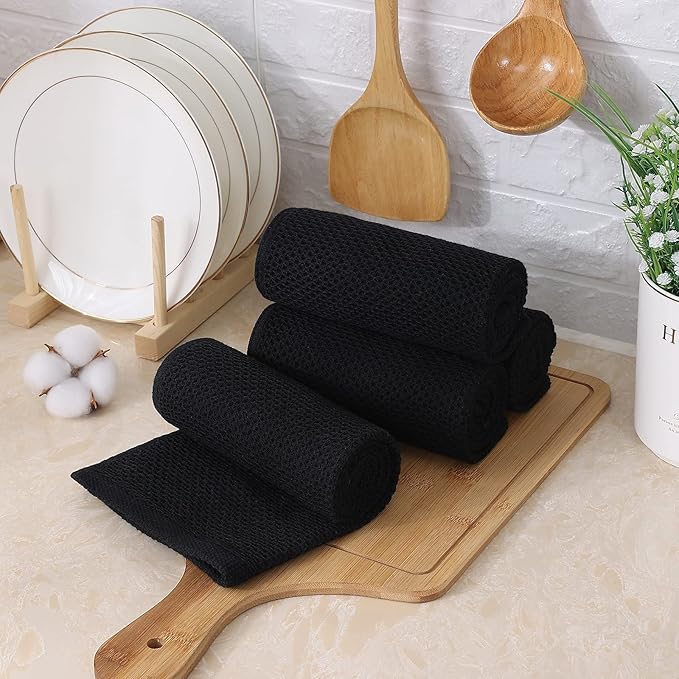 Kitinjoy 100% Cotton Waffle Weave Kitchen Hand Towels (13 x 28 Inches, Black), 8-Pack Super Soft and Absorbent Dish Towels for Drying Dishes