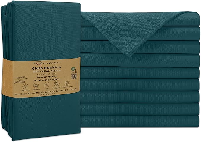Ruvanti Cloth Napkins Set of 12, 100% Cotton High GSM 18x18 Inches Soft, Washable, Highly Durable & Absorbent, Perfect for Parties, Christmas, Thanksgiving Dinners – Deep Teal