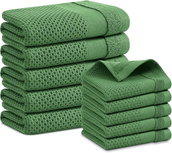 Homaxy Kitchen Towels and Dishcloths Set, 12 x 12 and 13 x 28 Inches, Set of 10 100% Cotton Waffle Weave Kitchen Towels, Super Soft and Absorbent Dish Cloths, Grass Green