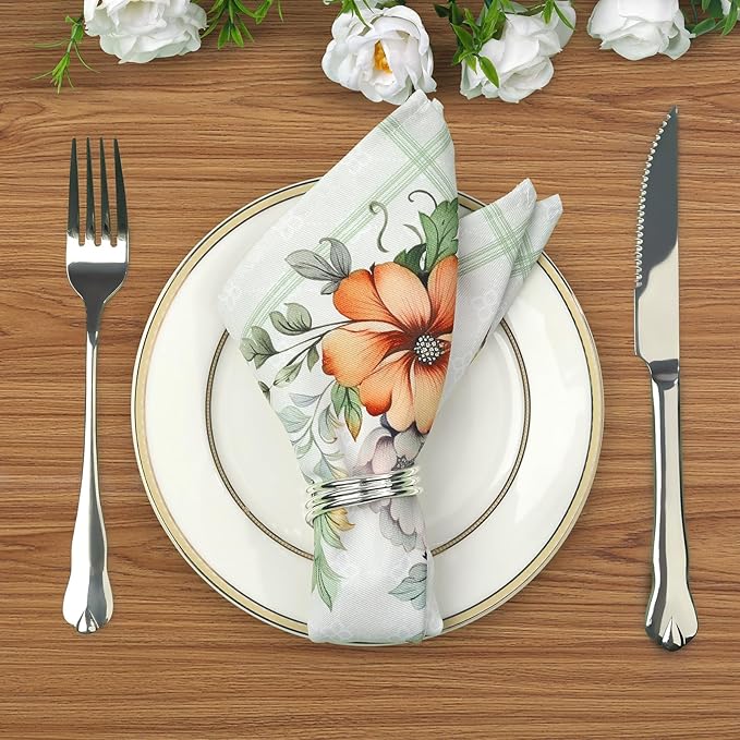 Spring Summer Flower Bird Napkins, 18×18 Inch Dinner Cloth Napkins Set of 4, Washable Cotton Soft Absorbent Square Table Top Decoration for Dining Kitchen Party Wedding