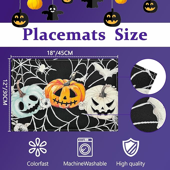 Bloss Pumpkins Spider Web Halloween Placemats Set of 4-12x18Inch Heat Resistant Place Mats,Halloween Tables Mats for Dining Table Decorations,Seasonal Place Mats Decor for Home/Party